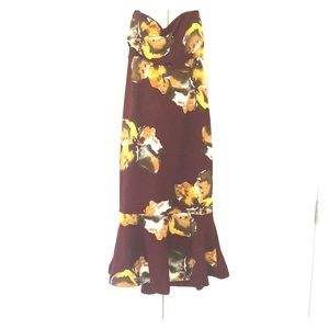 Burgundy mermaid floral print strapless dress